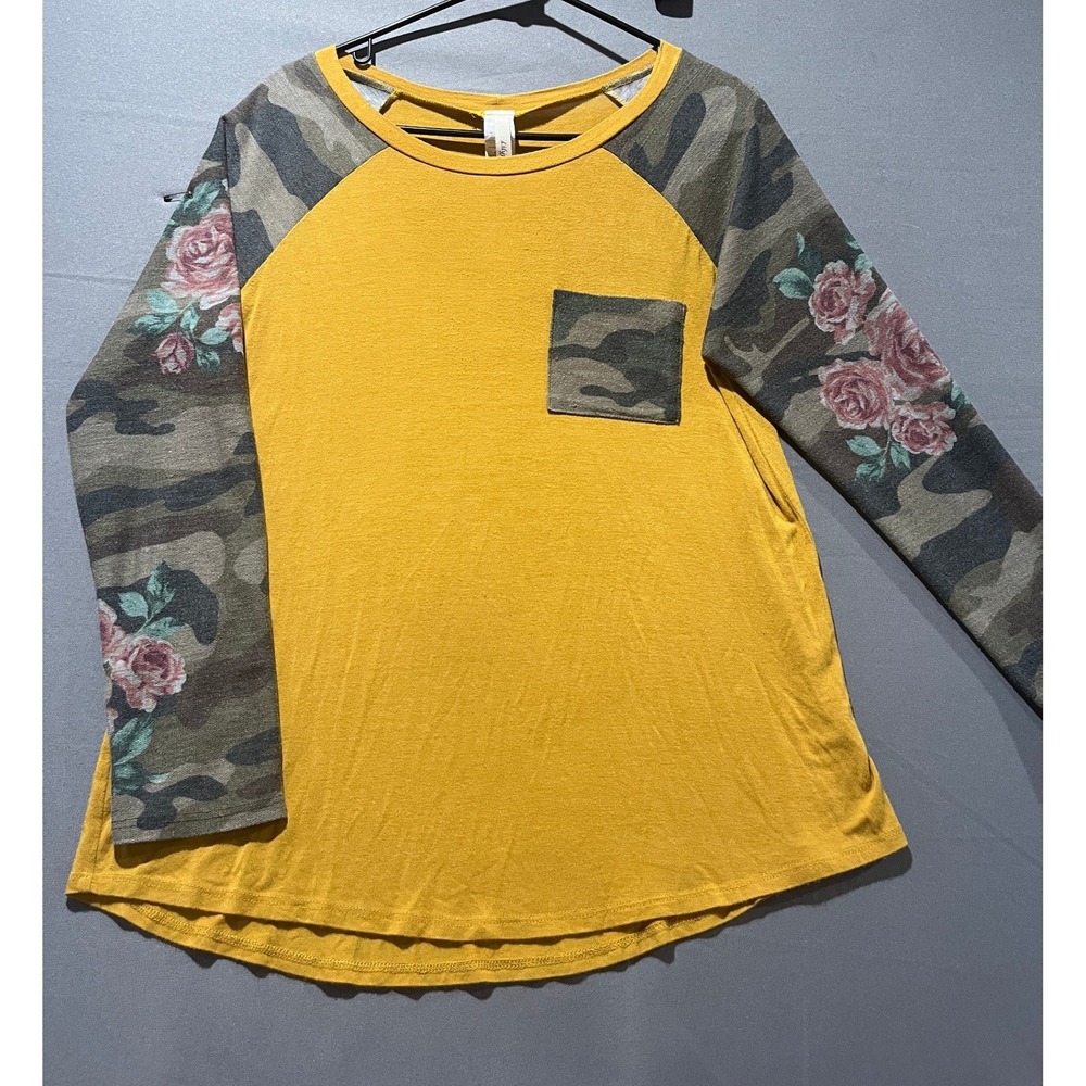 Lilypad Womens Mustard Yellow Camo Floral Raglan Top Size M Long Sleeve Pocket